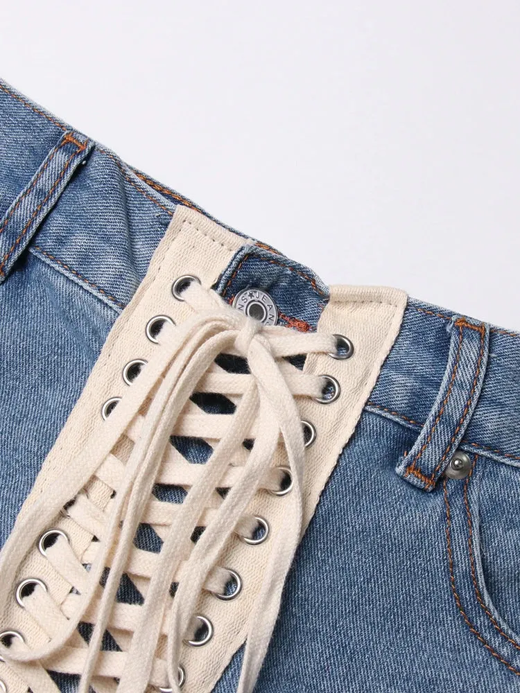 Patchwork Ribbons Denim Shorts For Women High Waist Hollow Out Casual Streetwear Short Trousers Female Fashion 2022