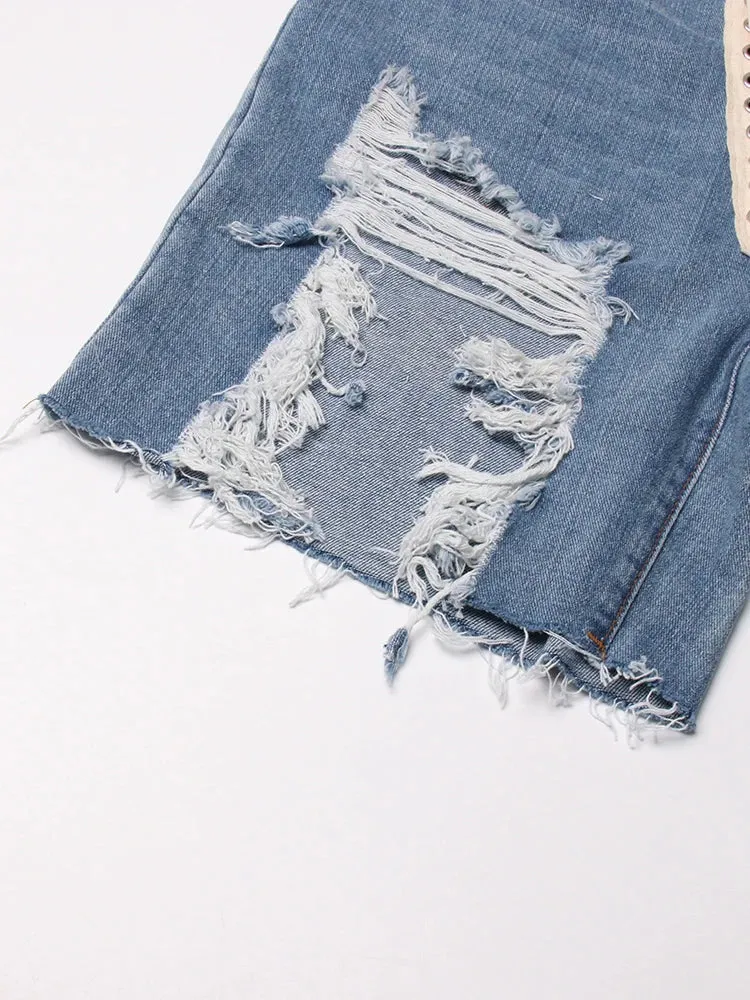 Patchwork Ribbons Denim Shorts For Women High Waist Hollow Out Casual Streetwear Short Trousers Female Fashion 2022