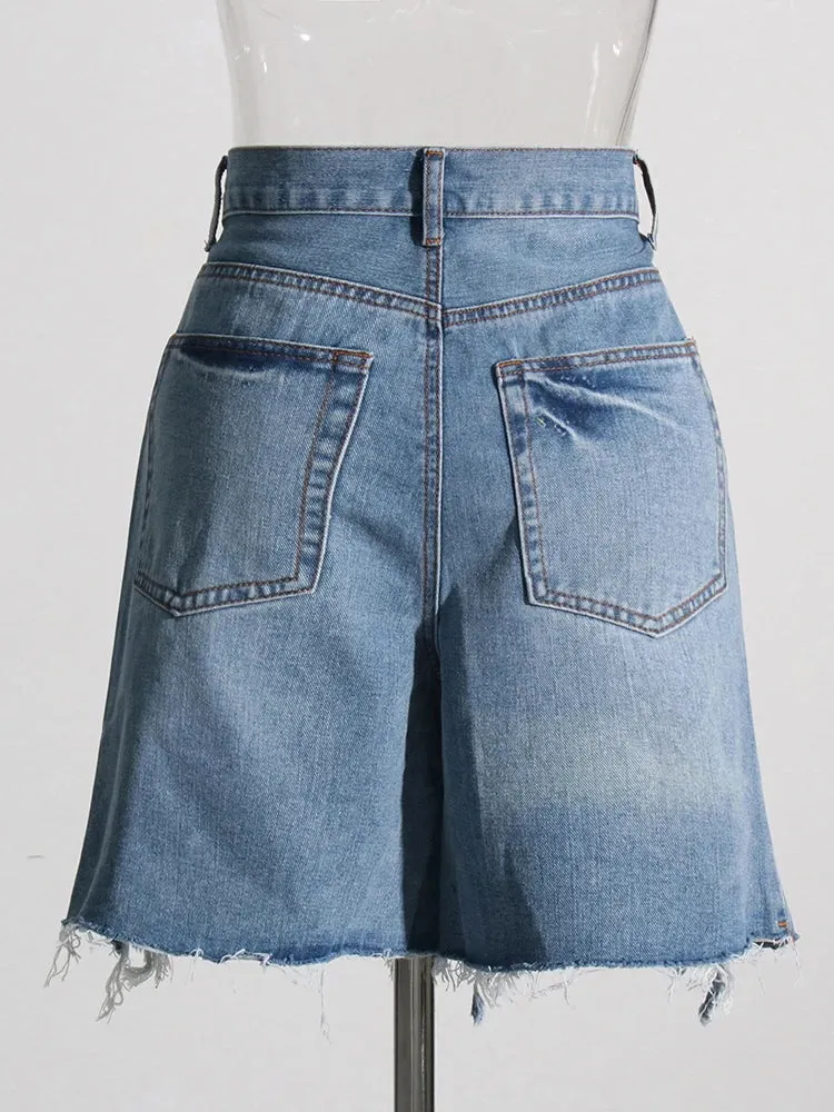 Patchwork Ribbons Denim Shorts For Women High Waist Hollow Out Casual Streetwear Short Trousers Female Fashion 2022