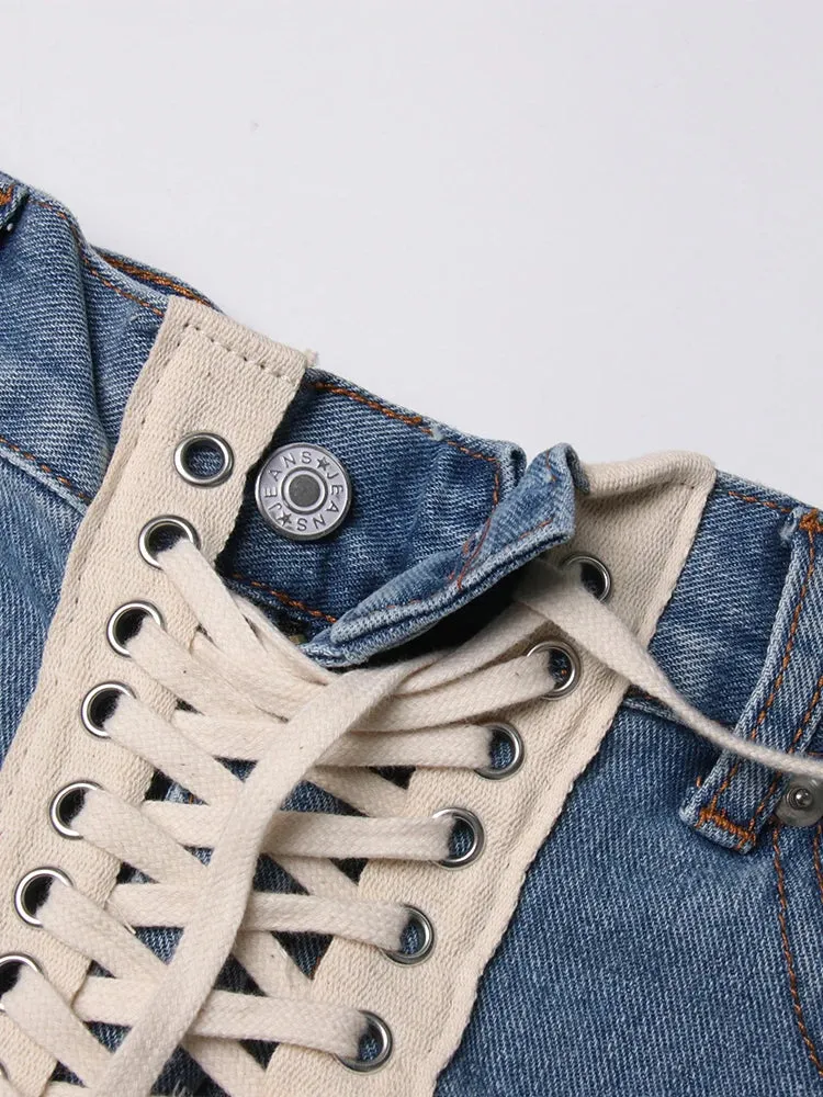 Patchwork Ribbons Denim Shorts For Women High Waist Hollow Out Casual Streetwear Short Trousers Female Fashion 2022