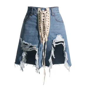 Patchwork Ribbons Denim Shorts For Women High Waist Hollow Out Casual Streetwear Short Trousers Female Fashion 2022