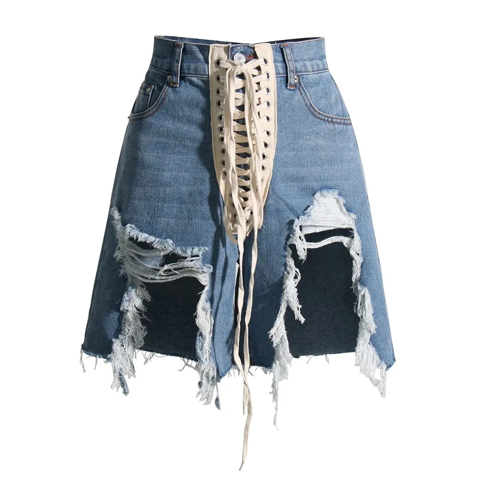 Patchwork Ribbons Denim Shorts For Women High Waist Hollow Out Casual Streetwear Short Trousers Female Fashion 2022