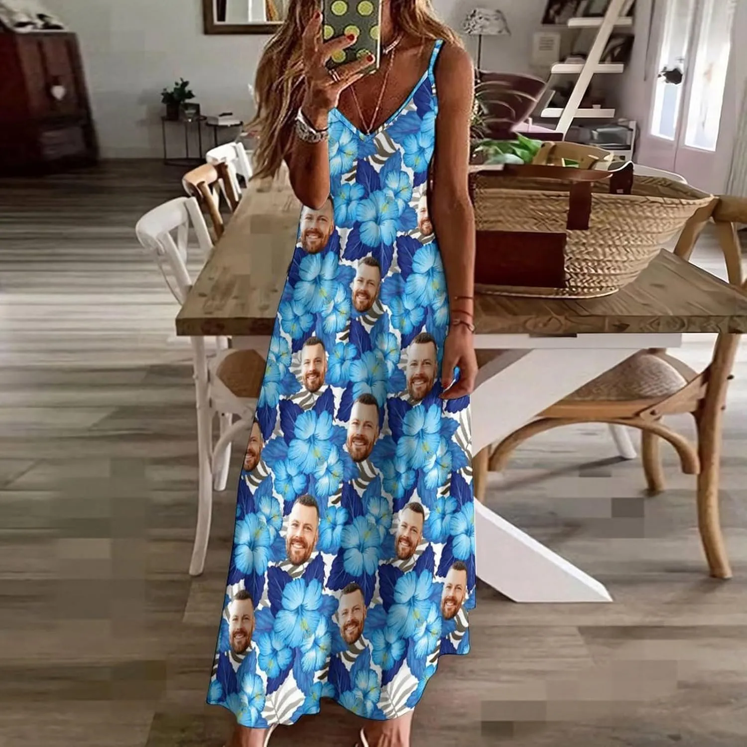 Personalized Women Summer Dresses Custom Faces Funny Sundress Hawaiian Dress Casual Beach Swing Dress with Pockets