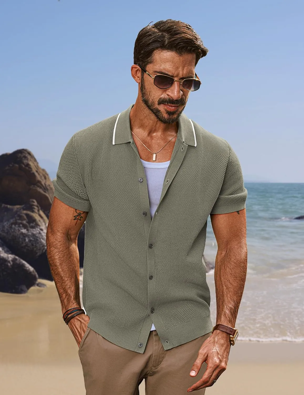PJ PAUL JONES Men's Knit Button Down Shirts Short Sleeve Vintage Polo Shirt Casual Summer Beach Shirts