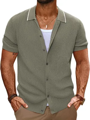 PJ PAUL JONES Men's Knit Button Down Shirts Short Sleeve Vintage Polo Shirt Casual Summer Beach Shirts
