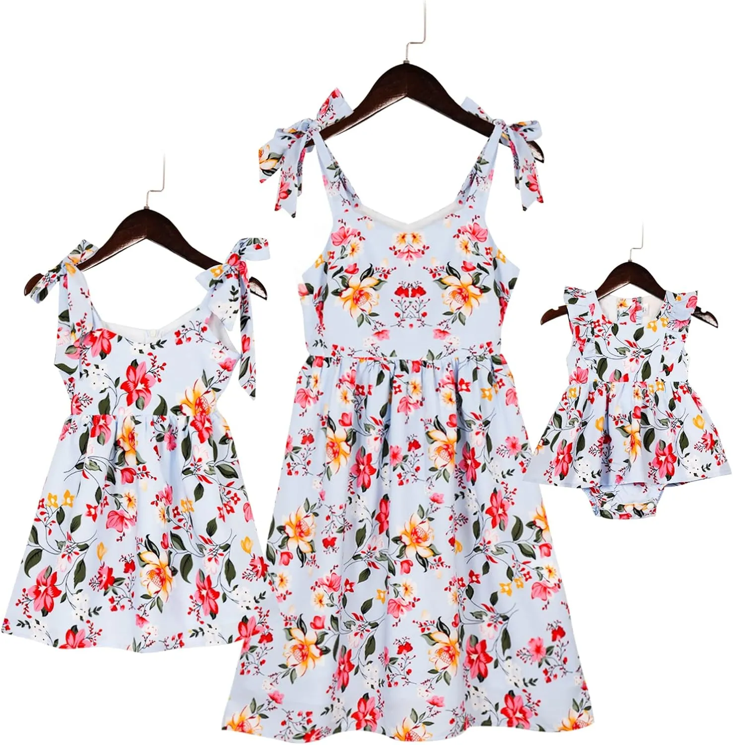 PopReal Mommy and Me Floral Printed Dresses Shoulder Straps Bowknot Chiffon Sleeveless Beach Mini Sundress