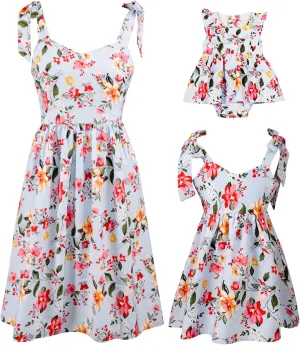 PopReal Mommy and Me Floral Printed Dresses Shoulder Straps Bowknot Chiffon Sleeveless Beach Mini Sundress