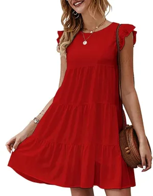 Prom Dress, Women's Casual Summer Mini Dress Puffy Short Sleeve Square Neck Smocked Tiered Ruffle Dresses