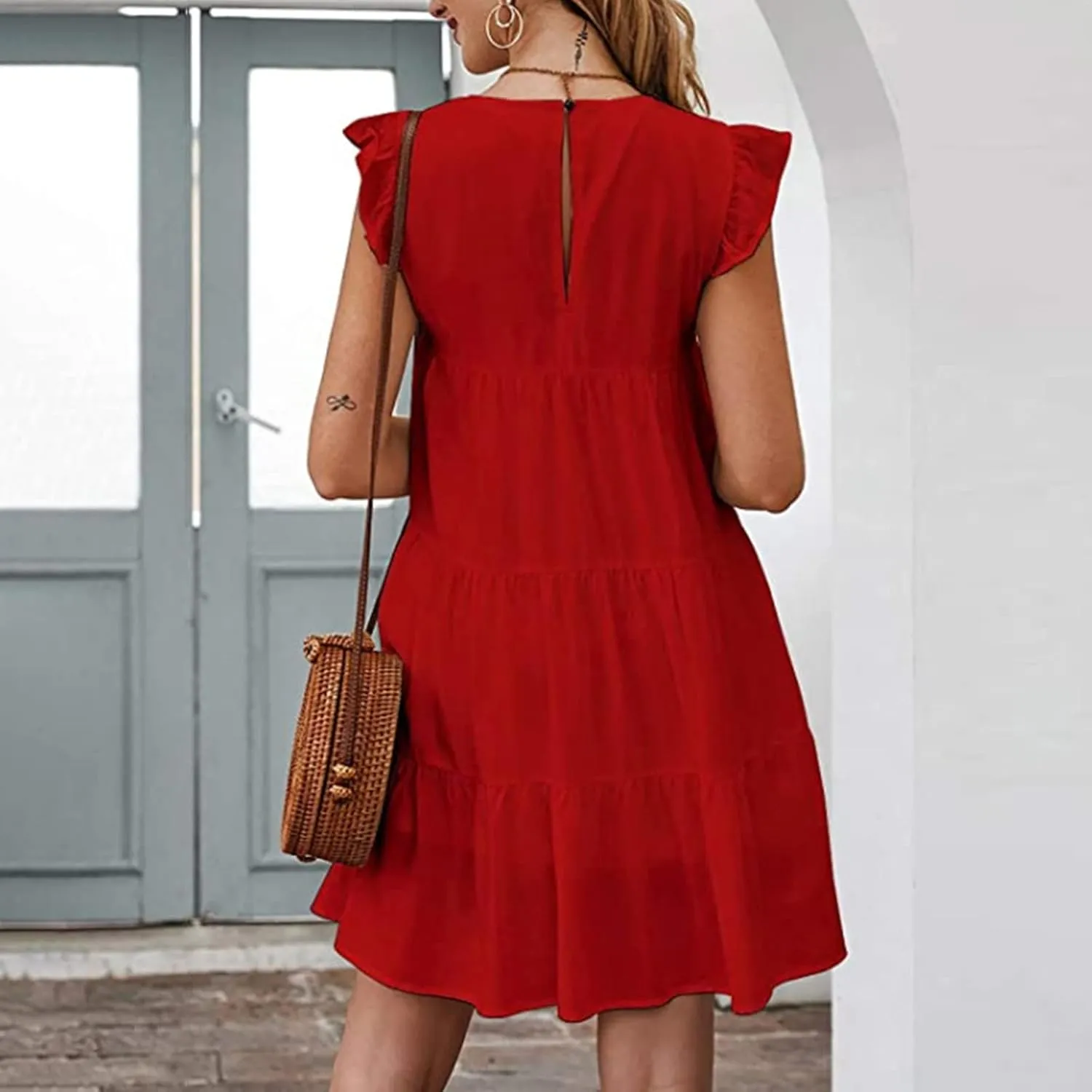 Prom Dress, Women's Casual Summer Mini Dress Puffy Short Sleeve Square Neck Smocked Tiered Ruffle Dresses