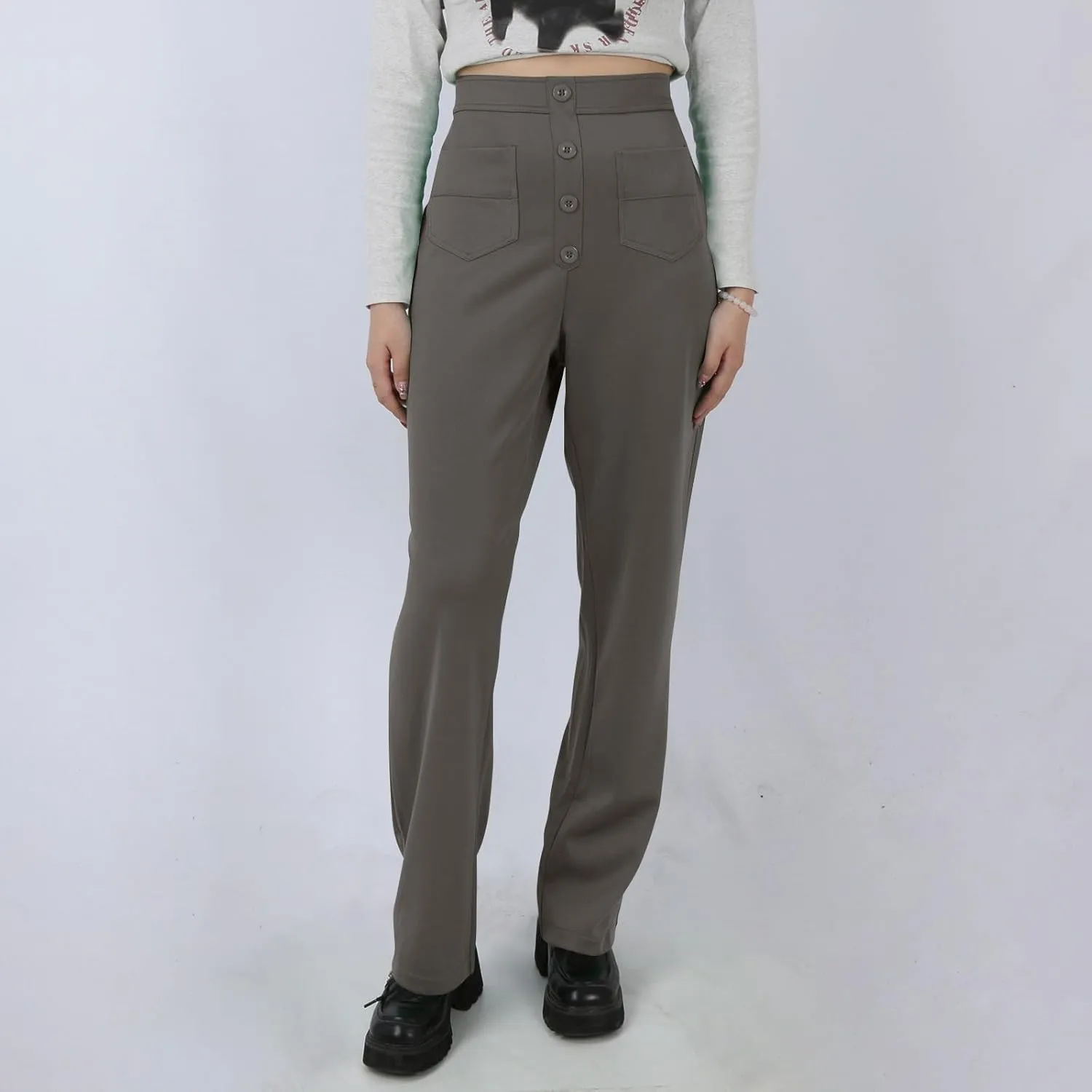 Pull On Dress Pants for Women Slim Fit High Waist Tall Work Pants Straight Leg Business Casual Trousers with Pockets