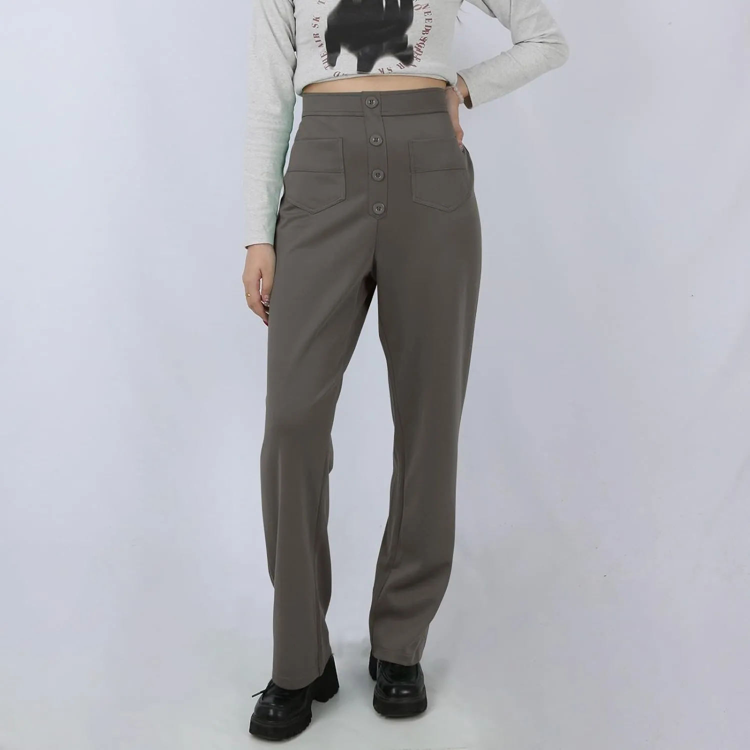 Pull On Dress Pants for Women Slim Fit High Waist Tall Work Pants Straight Leg Business Casual Trousers with Pockets