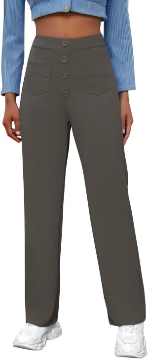 Pull On Dress Pants for Women Slim Fit High Waist Tall Work Pants Straight Leg Business Casual Trousers with Pockets