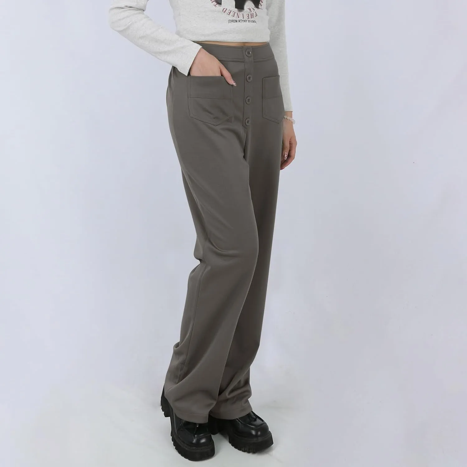 Pull On Dress Pants for Women Slim Fit High Waist Tall Work Pants Straight Leg Business Casual Trousers with Pockets