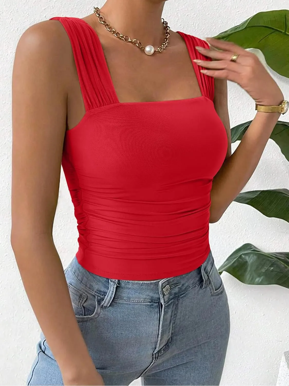 REORIA Womens Sexy Square Neck Double Lined Mesh Sheer Ruched Crop Going Out Tops Y2k Trendy Cute Tank Top Summer Outfits