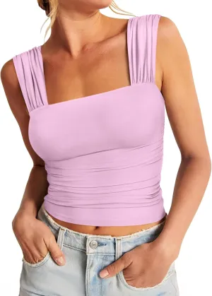 REORIA Womens Sexy Square Neck Double Lined Mesh Sheer Ruched Crop Going Out Tops Y2k Trendy Cute Tank Top Summer Outfits