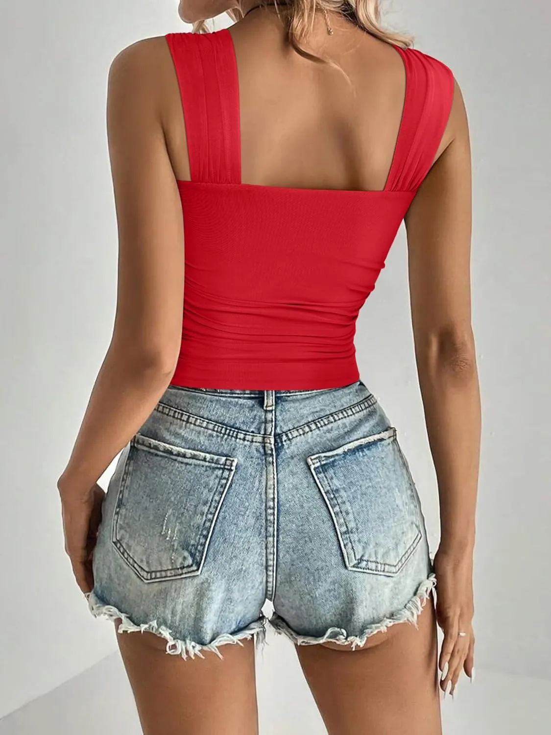 REORIA Womens Sexy Square Neck Double Lined Mesh Sheer Ruched Crop Going Out Tops Y2k Trendy Cute Tank Top Summer Outfits