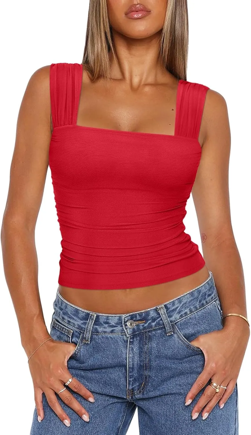 REORIA Womens Sexy Square Neck Double Lined Mesh Sheer Ruched Crop Going Out Tops Y2k Trendy Cute Tank Top Summer Outfits