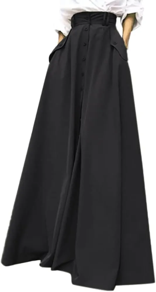 Rooscier Women's Split High Waist Flared A Line Button Down Vintage Pockets Maxi Skirt