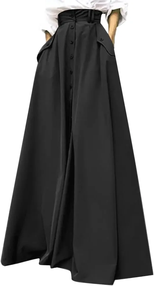Rooscier Women's Split High Waist Flared A Line Button Down Vintage Pockets Maxi Skirt