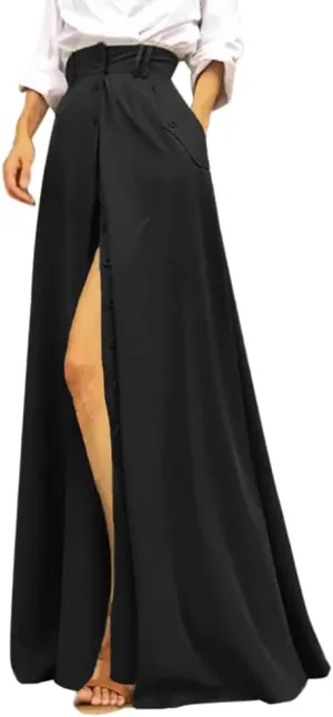 Rooscier Women's Split High Waist Flared A Line Button Down Vintage Pockets Maxi Skirt