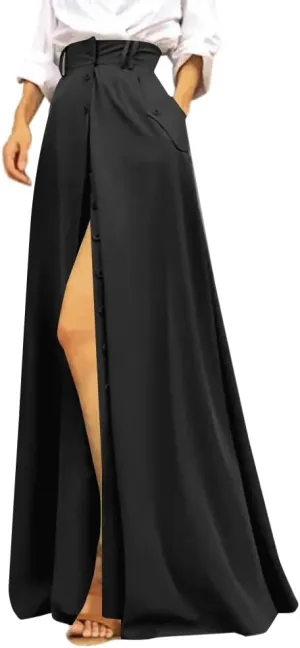 Rooscier Women's Split High Waist Flared A Line Button Down Vintage Pockets Maxi Skirt