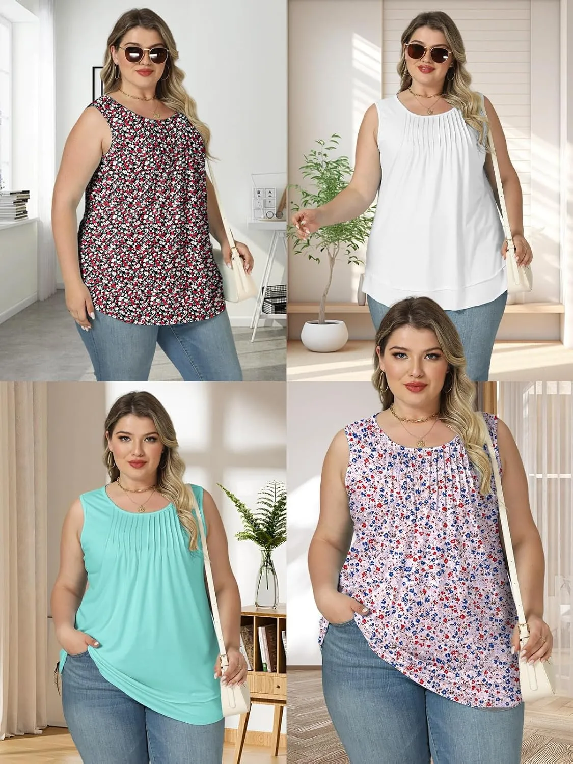 ROSRISS Women's Plus Size Sleeveless Pleated Shirts Dressy Loose Fit Tops Summer Casual Crew Neck Tank Tops XL-5XL