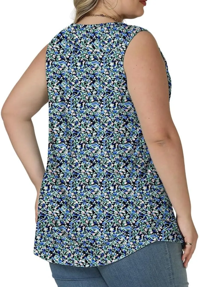 ROSRISS Women's Plus Size Sleeveless Pleated Shirts Dressy Loose Fit Tops Summer Casual Crew Neck Tank Tops XL-5XL