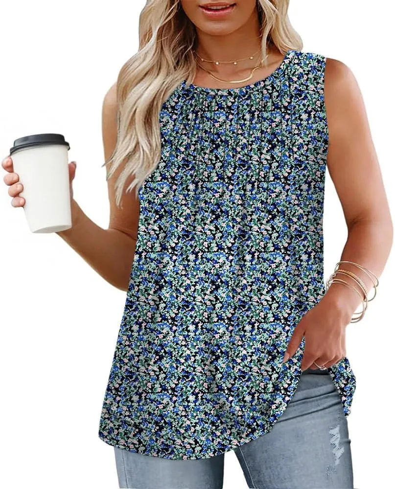 ROSRISS Women's Plus Size Sleeveless Pleated Shirts Dressy Loose Fit Tops Summer Casual Crew Neck Tank Tops XL-5XL