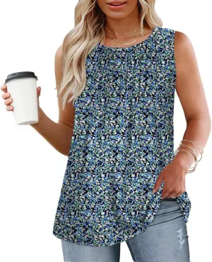 ROSRISS Women's Plus Size Sleeveless Pleated Shirts Dressy Loose Fit Tops Summer Casual Crew Neck Tank Tops XL-5XL