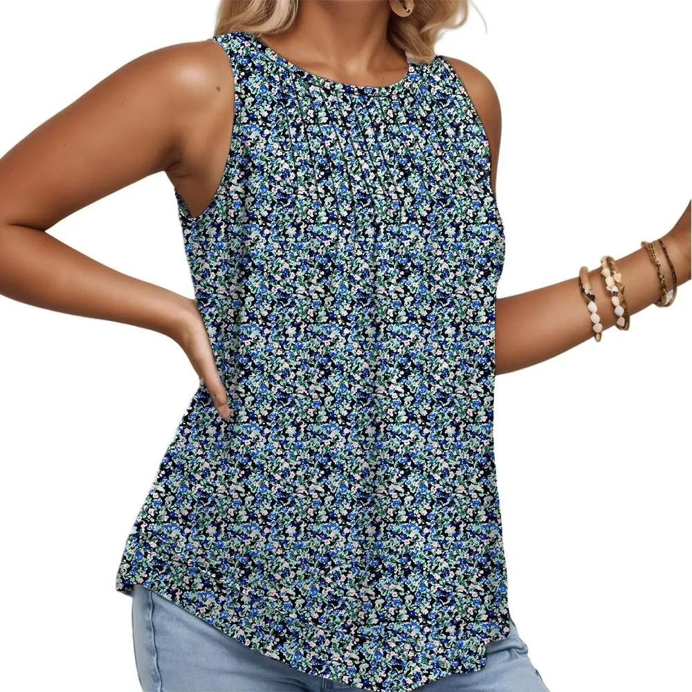 ROSRISS Women's Plus Size Sleeveless Pleated Shirts Dressy Loose Fit Tops Summer Casual Crew Neck Tank Tops XL-5XL