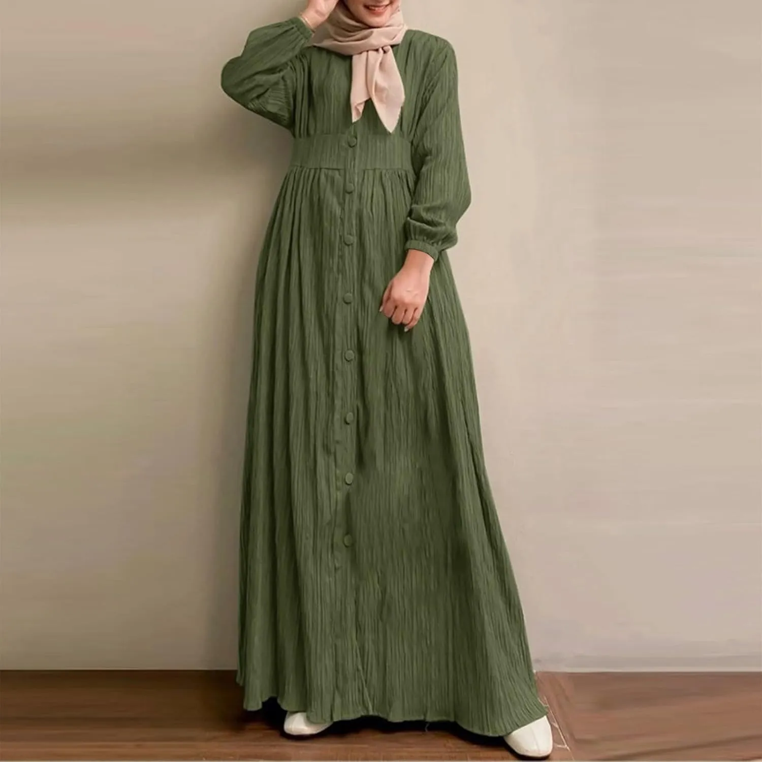 Ruffle Hem Muslim Abaya Women Plus Size Crewneck Long Sleeve Maxi Dress Arabian Dubai Islamic Robe Without Headscarf