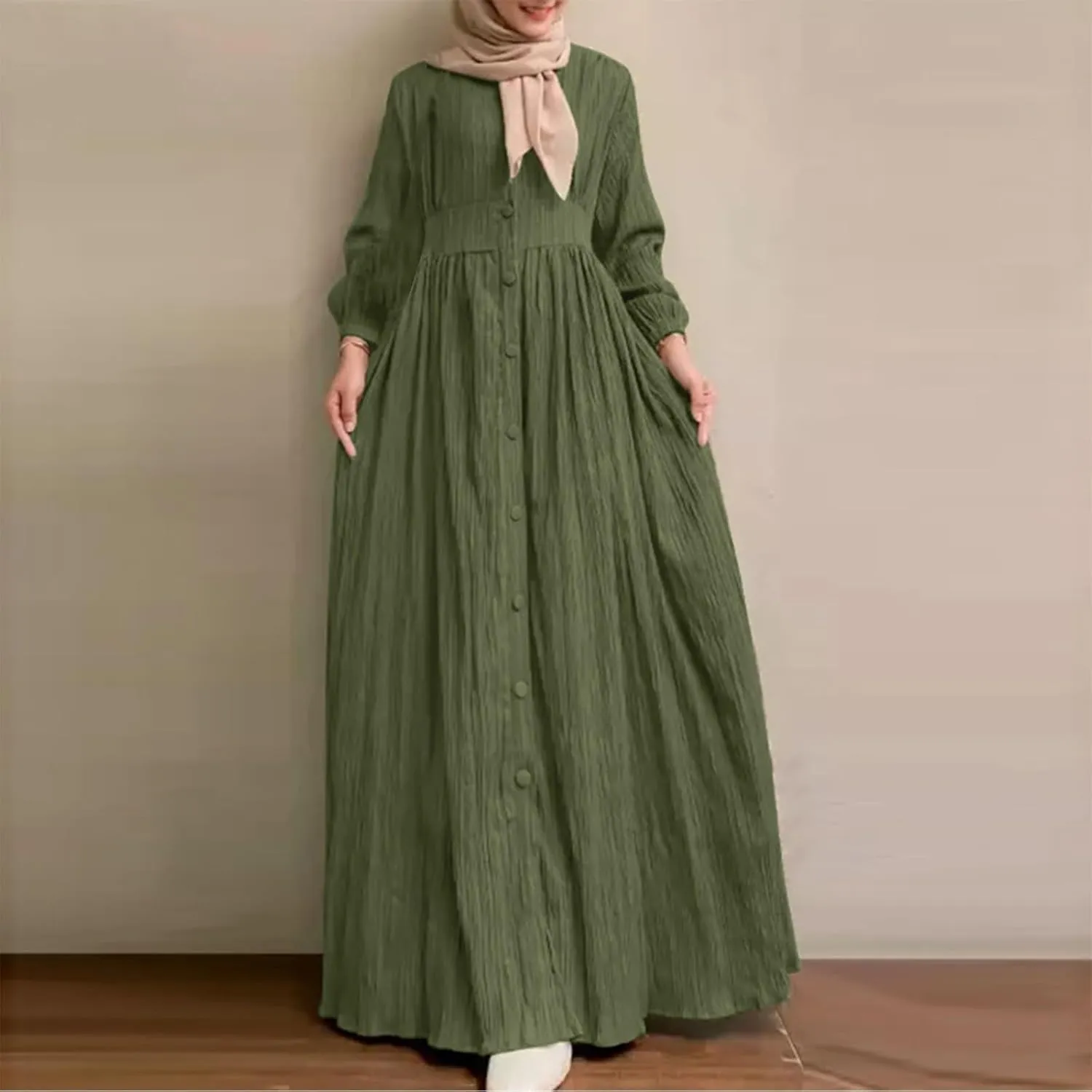 Ruffle Hem Muslim Abaya Women Plus Size Crewneck Long Sleeve Maxi Dress Arabian Dubai Islamic Robe Without Headscarf