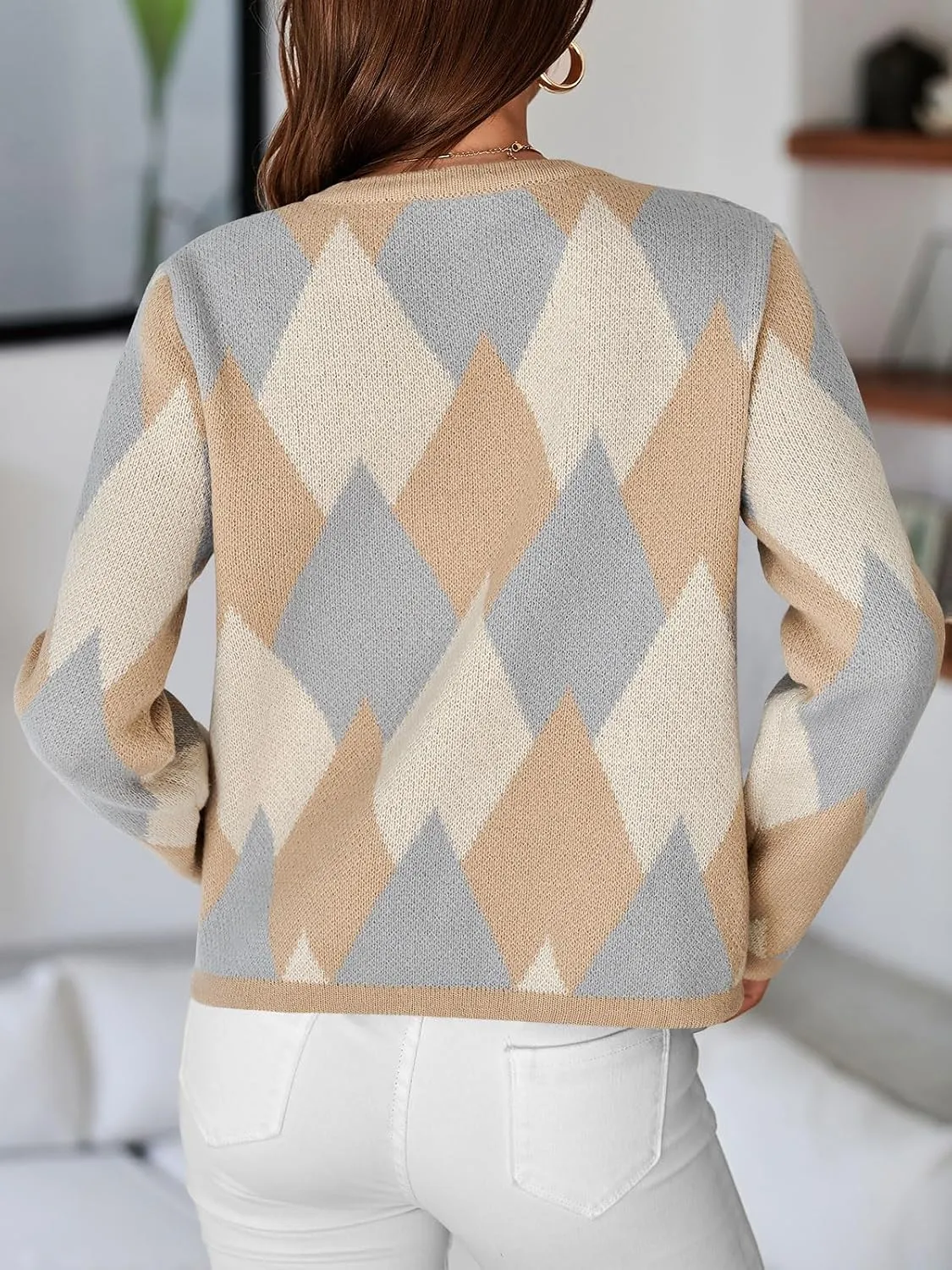 Saodimallsu Womens Color Block Cardigan Button Down Crewneck 2024 Fall Trendy Open Front Long Sleeve Sweater Jacket