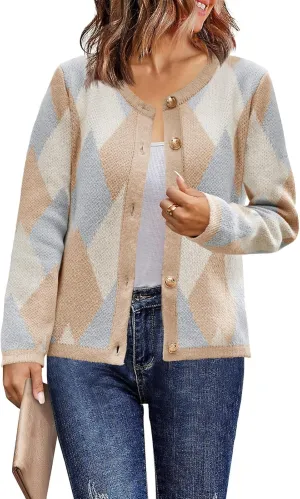 Saodimallsu Womens Color Block Cardigan Button Down Crewneck 2024 Fall Trendy Open Front Long Sleeve Sweater Jacket