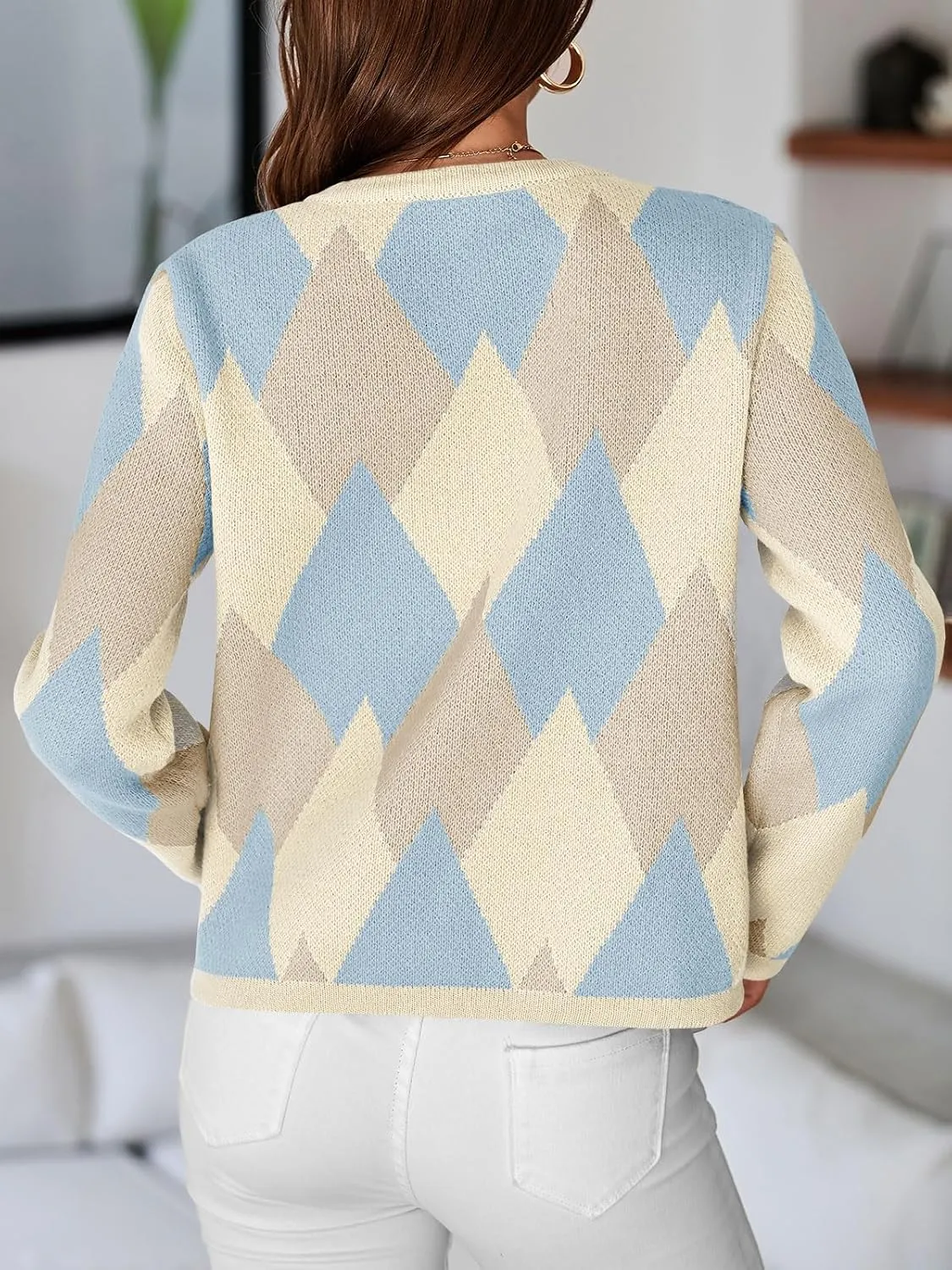 Saodimallsu Womens Color Block Cardigan Button Down Crewneck 2024 Fall Trendy Open Front Long Sleeve Sweater Jacket