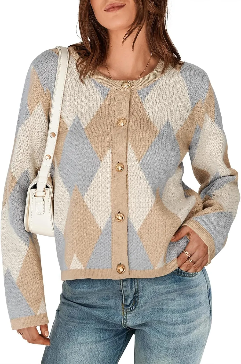 Saodimallsu Womens Color Block Cardigan Button Down Crewneck 2024 Fall Trendy Open Front Long Sleeve Sweater Jacket
