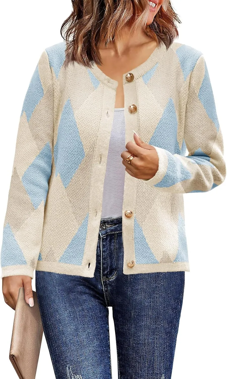 Saodimallsu Womens Color Block Cardigan Button Down Crewneck 2024 Fall Trendy Open Front Long Sleeve Sweater Jacket