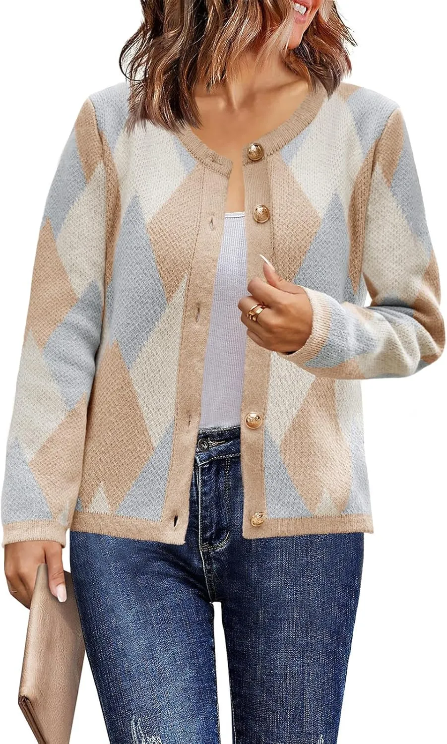 Saodimallsu Womens Color Block Cardigan Button Down Crewneck 2024 Fall Trendy Open Front Long Sleeve Sweater Jacket