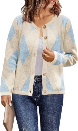 Saodimallsu Womens Color Block Cardigan Button Down Crewneck 2024 Fall Trendy Open Front Long Sleeve Sweater Jacket
