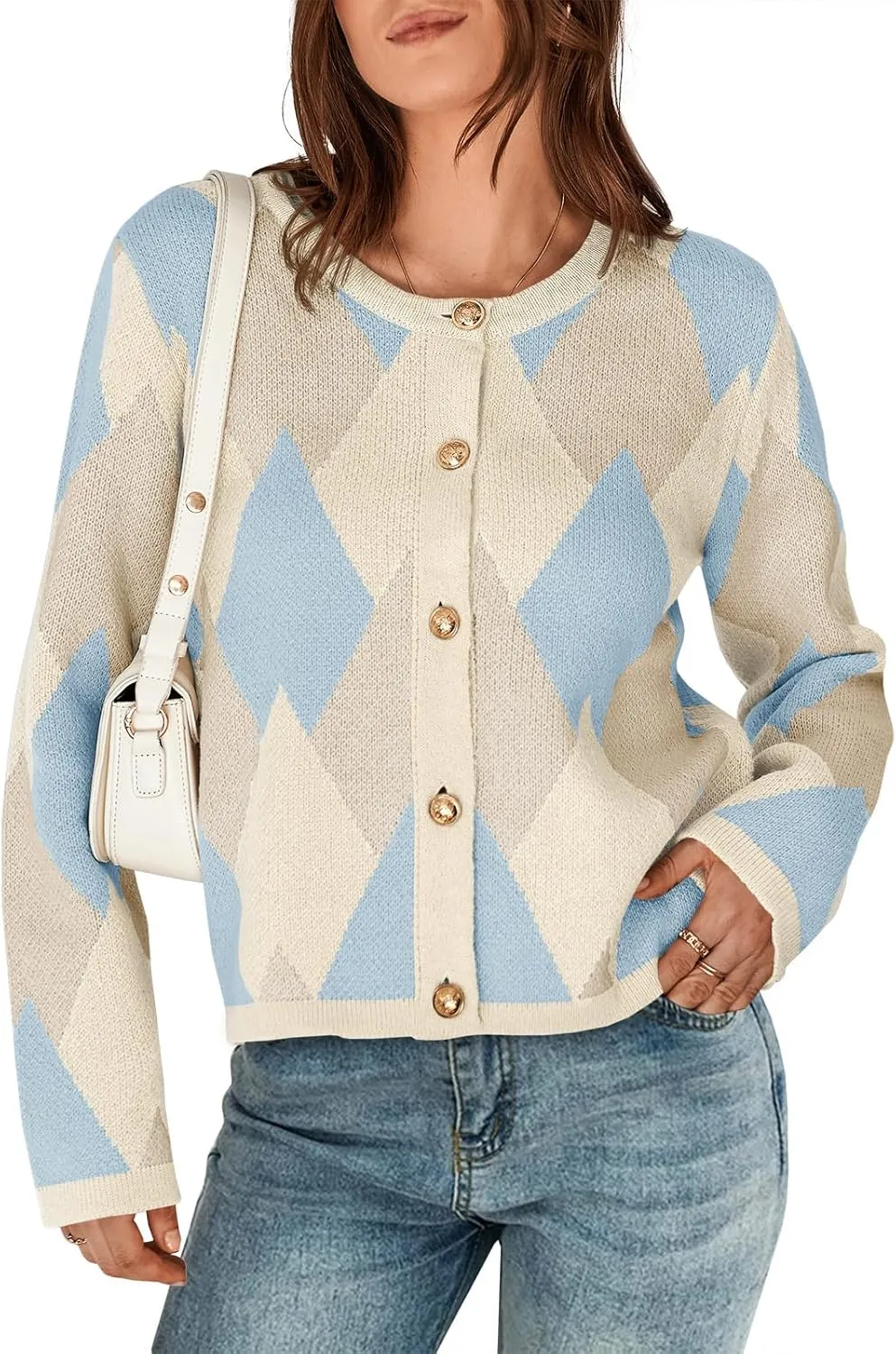 Saodimallsu Womens Color Block Cardigan Button Down Crewneck 2024 Fall Trendy Open Front Long Sleeve Sweater Jacket