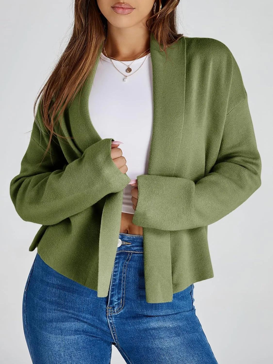 Saodimallsu Womens Cropped Cardigan Open Front Shawl 2024 Fall Trendy Long Sleeve Sweater Jacket