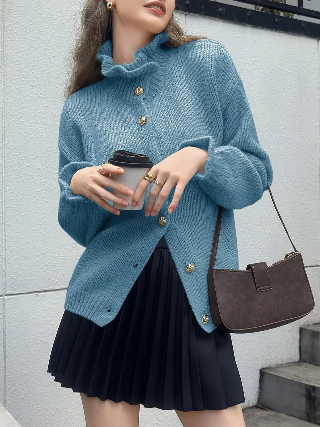 Saodimallsu Womens Ruffle Cardigan Oversized Button Up Fall Trendy Ribbed Knit Open Front Long Sleeve Loose Cute Sweater
