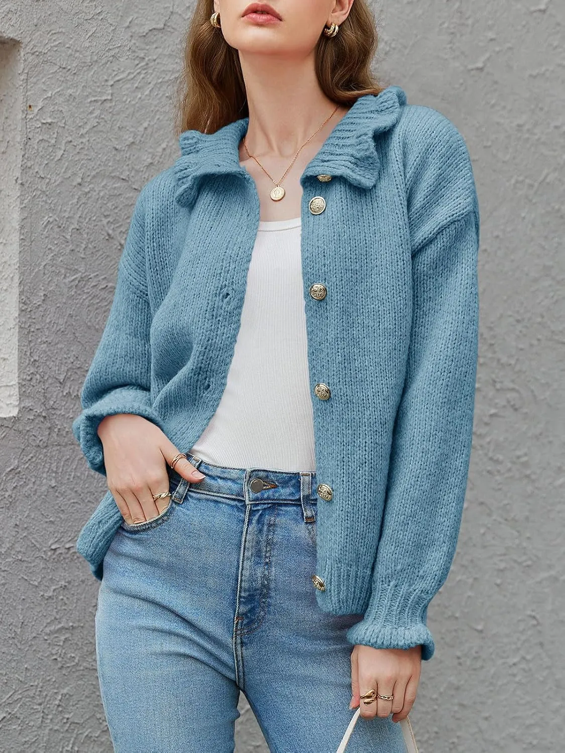 Saodimallsu Womens Ruffle Cardigan Oversized Button Up Fall Trendy Ribbed Knit Open Front Long Sleeve Loose Cute Sweater