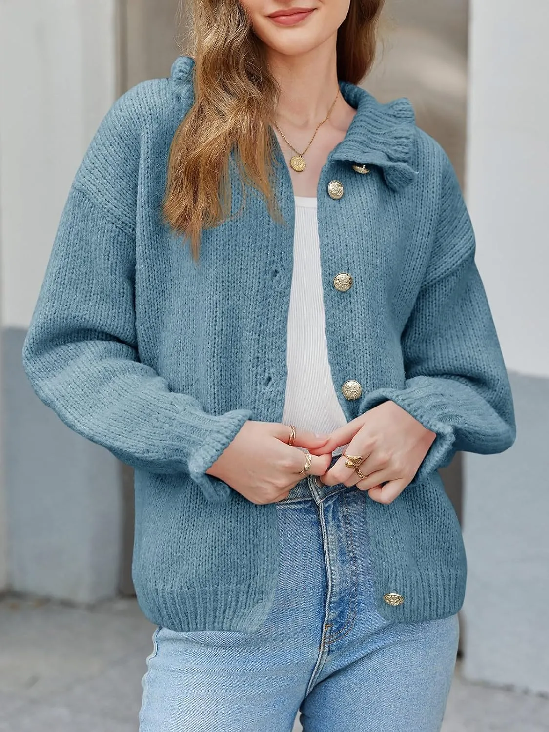 Saodimallsu Womens Ruffle Cardigan Oversized Button Up Fall Trendy Ribbed Knit Open Front Long Sleeve Loose Cute Sweater