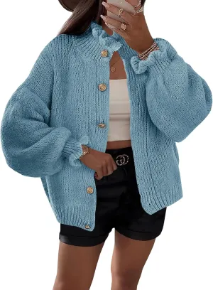 Saodimallsu Womens Ruffle Cardigan Oversized Button Up Fall Trendy Ribbed Knit Open Front Long Sleeve Loose Cute Sweater