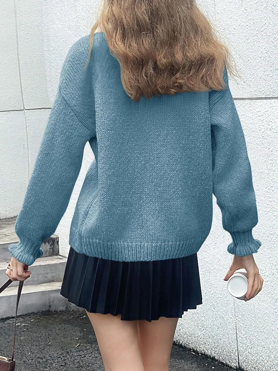 Saodimallsu Womens Ruffle Cardigan Oversized Button Up Fall Trendy Ribbed Knit Open Front Long Sleeve Loose Cute Sweater