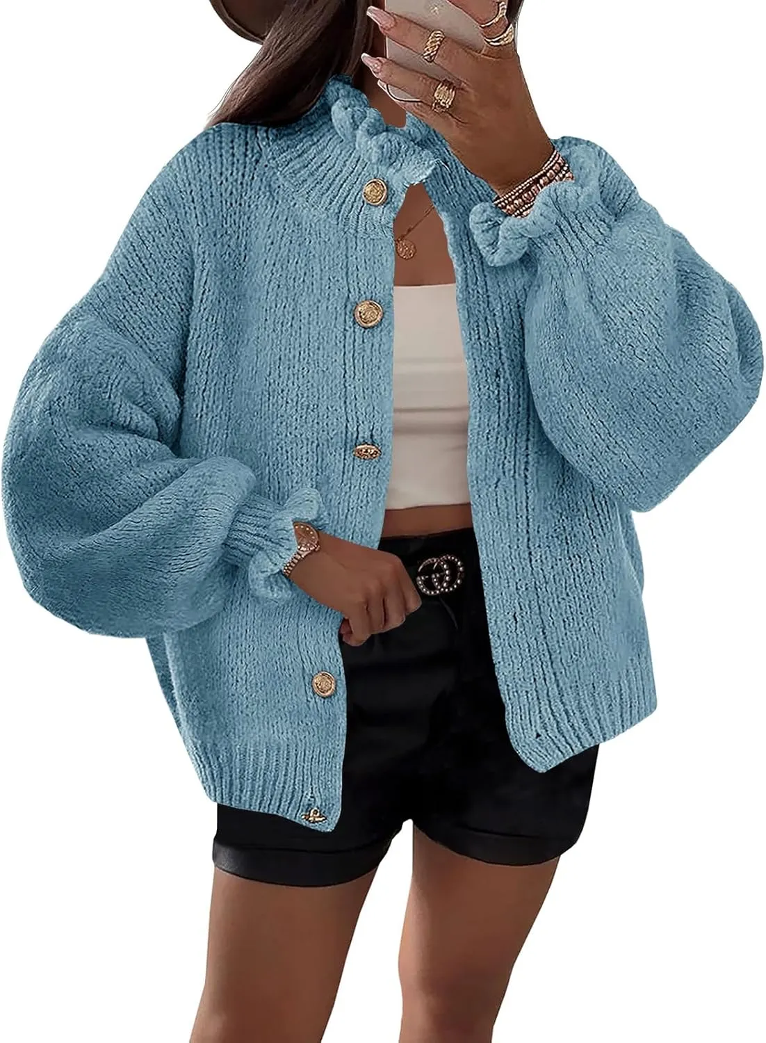Saodimallsu Womens Ruffle Cardigan Oversized Button Up Fall Trendy Ribbed Knit Open Front Long Sleeve Loose Cute Sweater