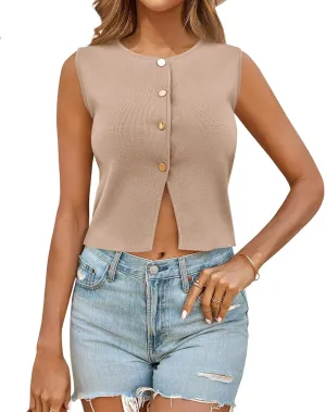 Saodimallsu Womens Sleeveless Cropped Sweater Vest Summer Trendy Knit Crop Tank Tops Crewneck Button Y2K Going Out Top