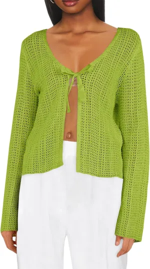 Saodimallsu Womens Summer Crochet Lightweight Cardigans Tie Front Mesh Knit Long Sleeve Casual V Neck Beach Cover Ups