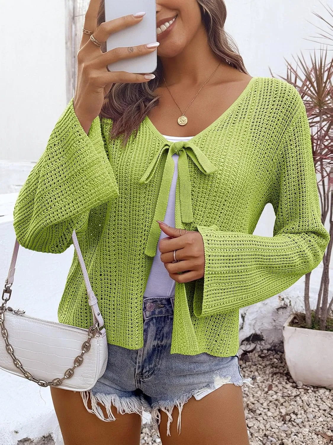Saodimallsu Womens Summer Crochet Lightweight Cardigans Tie Front Mesh Knit Long Sleeve Casual V Neck Beach Cover Ups